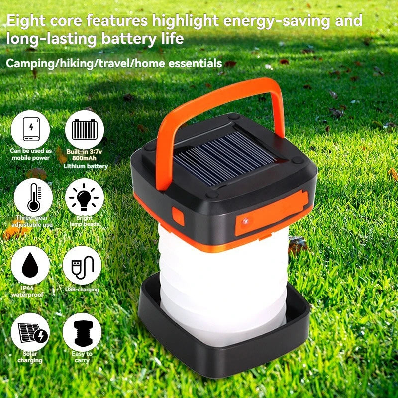 Solar-Powered Camping Light with Emergency Power Bank & Flashlight - 3-in-1 Outdoor LED Lamp for Hiking/Tent Use