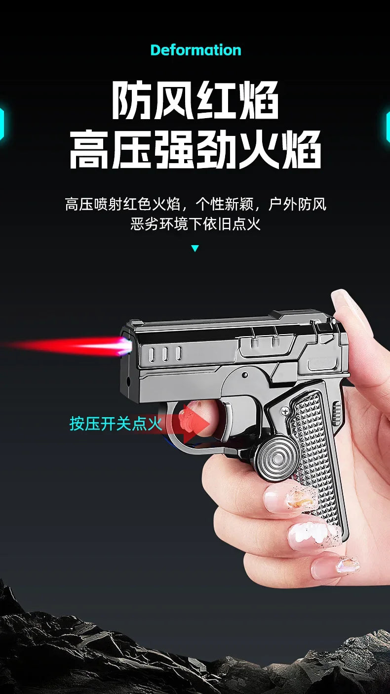 Multi Functional Folding Dual Form Decompression Gyro Gun Shaped Lighter with Creative Deformation and Windproof Red Flame