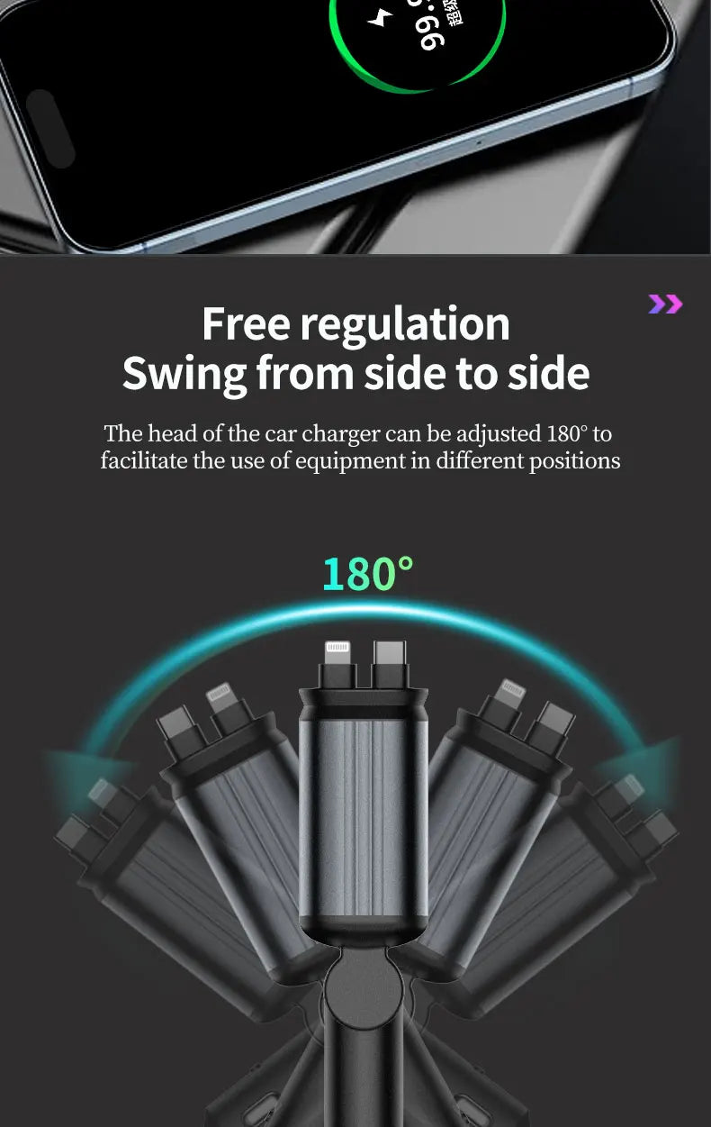 4 in 1 Car Charger with Retractable Cable Atmosphere Lamp Star Top Light 120W Adapter Car Phone Charger USB Type-C Ports 12-24V