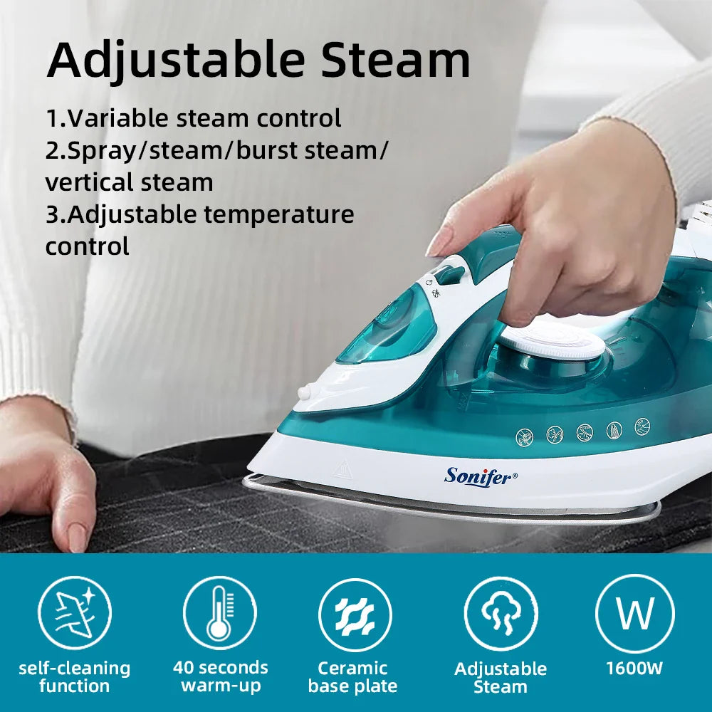 Sonifer Steam Iron 1600W Fast Heating 160ml Water Tank Travel Iron Upright Steam Adjustable Steam Self-Cleaning Ceramic Soleplat