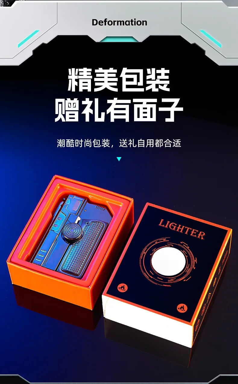 Multi Functional Folding Dual Form Decompression Gyro Gun Shaped Lighter with Creative Deformation and Windproof Red Flame