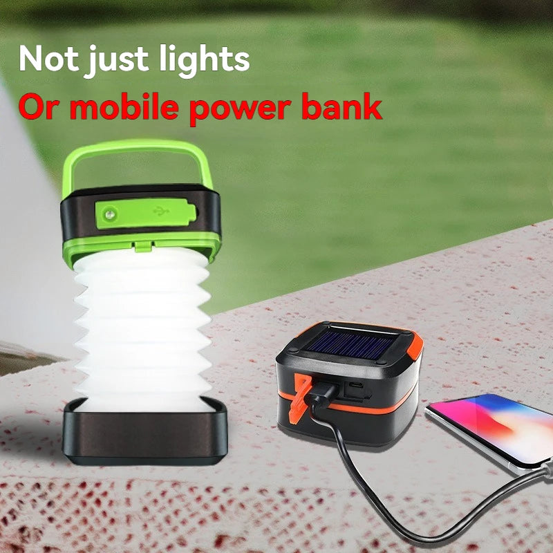 Solar-Powered Camping Light with Emergency Power Bank & Flashlight - 3-in-1 Outdoor LED Lamp for Hiking/Tent Use