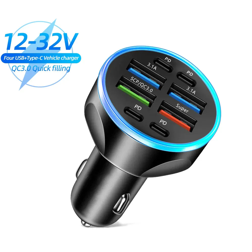 8 Ports 4usb 4PD 66W Car Charger PD Type C Fast Charging Auto Mobile Phone Adapter For iPhone Samsung Huawei Xiaomi QC 3.0