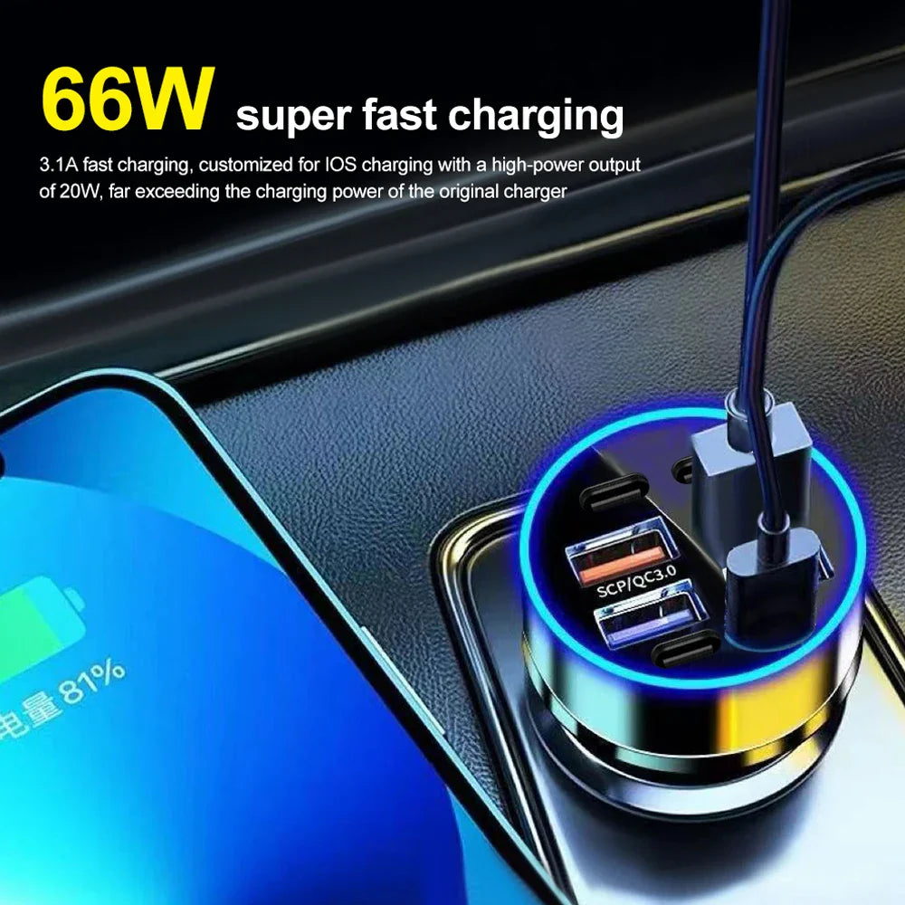 8 Ports 4usb 4PD 66W Car Charger PD Type C Fast Charging Auto Mobile Phone Adapter For iPhone Samsung Huawei Xiaomi QC 3.0
