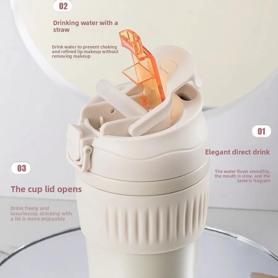 Double-wall vacuum straw insulated water bottle with portable snap-on lid for men and women, suitable for outdoor use.