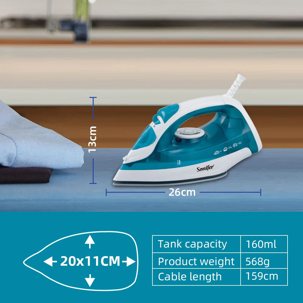 Sonifer Steam Iron 1600W Fast Heating 160ml Water Tank Travel Iron Upright Steam Adjustable Steam Self-Cleaning Ceramic Soleplat