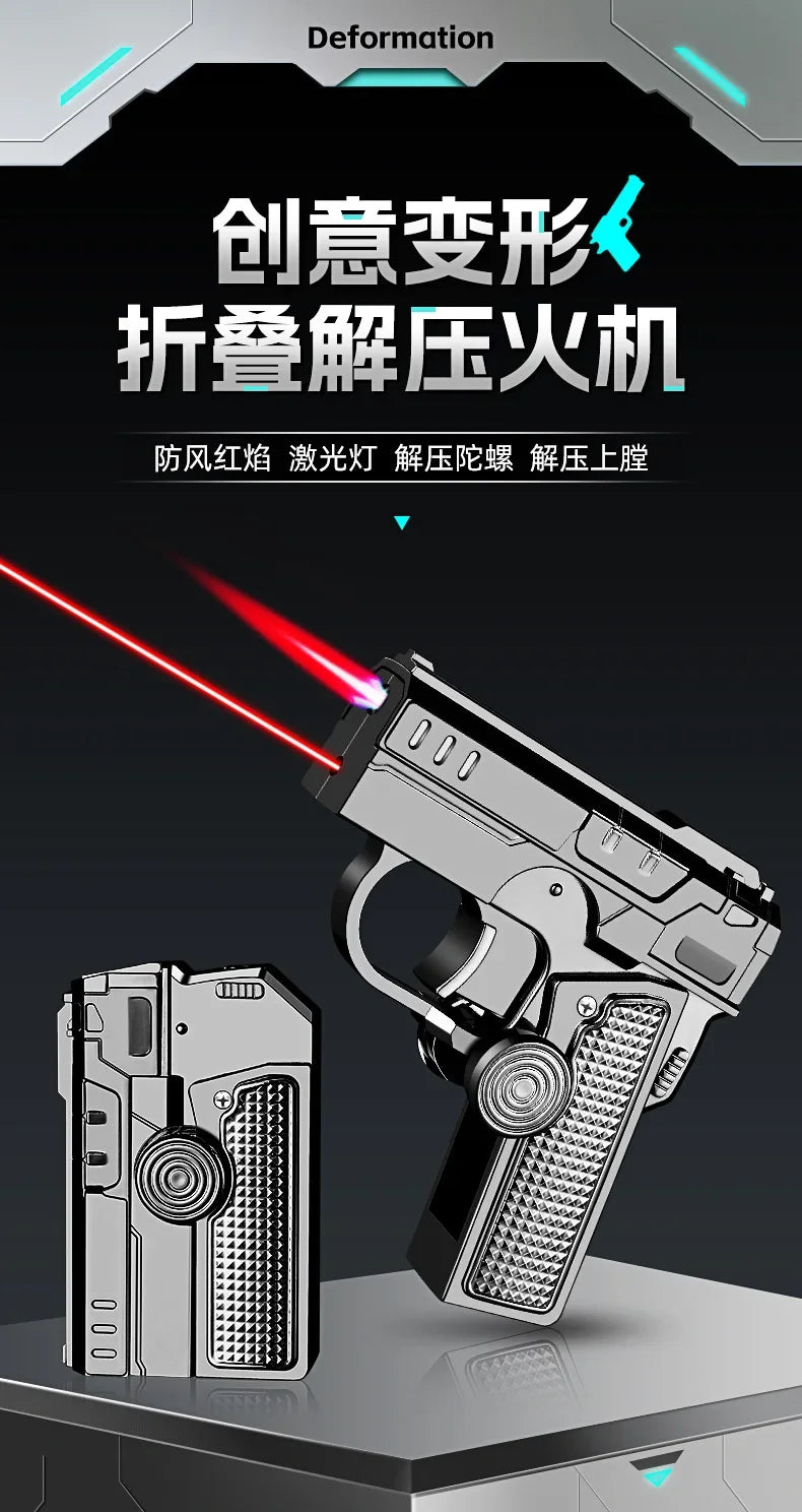 Multi Functional Folding Dual Form Decompression Gyro Gun Shaped Lighter with Creative Deformation and Windproof Red Flame
