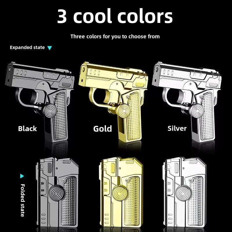 Multi Functional Folding Dual Form Decompression Gyro Gun Shaped Lighter with Creative Deformation and Windproof Red Flame