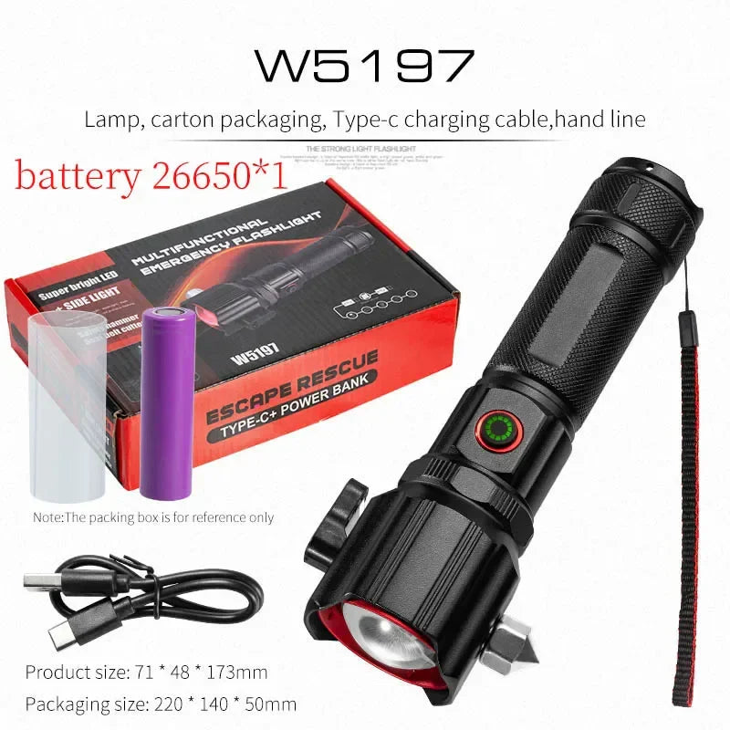 High Power Zoom LED Flashlight with USB Charging COB Safety Hammer Multi-functional Waterproof Aluminum Alloy White Laser Torch