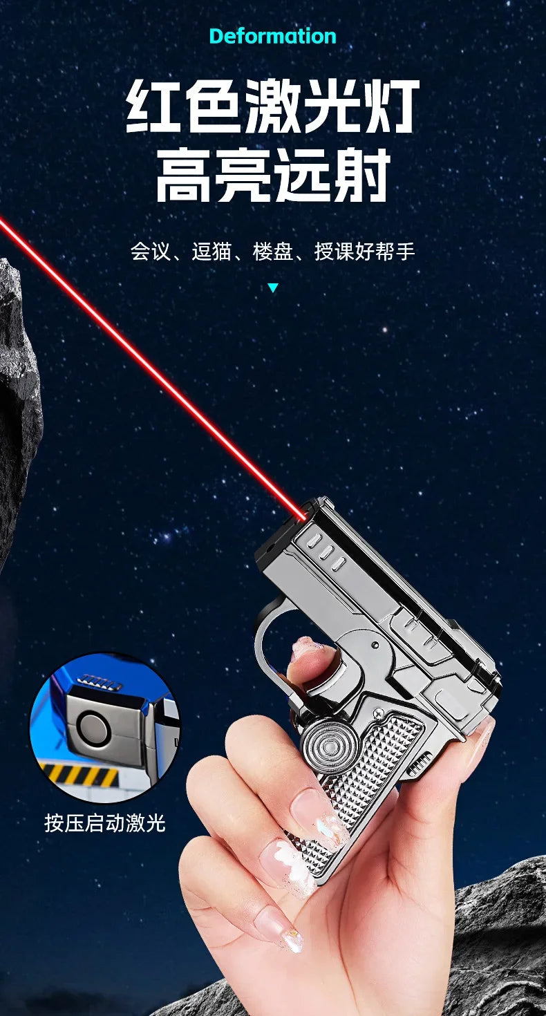 Multi Functional Folding Dual Form Decompression Gyro Gun Shaped Lighter with Creative Deformation and Windproof Red Flame