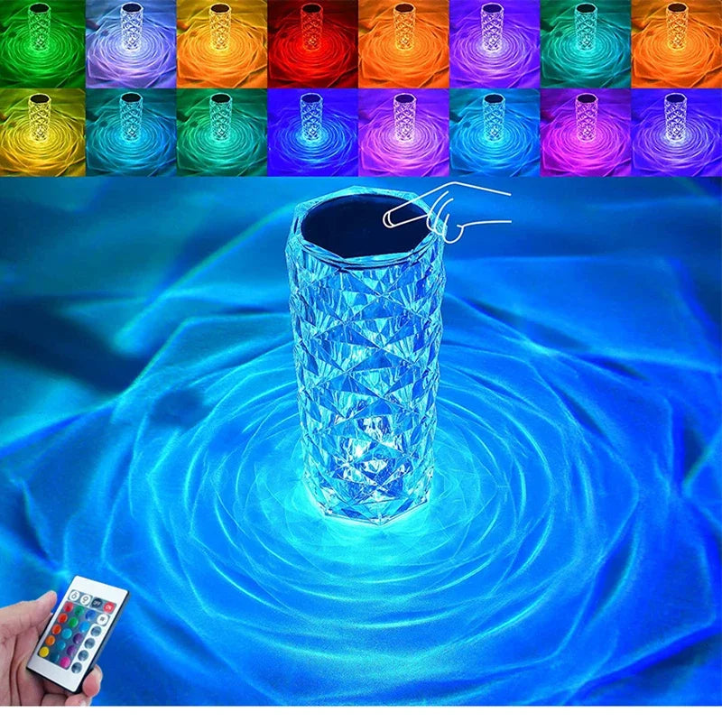 LED Rose Lamp Crystal Table Lamp 3/16 Colors Touch/Remote Diamond  Romantic Christmas USB Party Night Light Projector Light