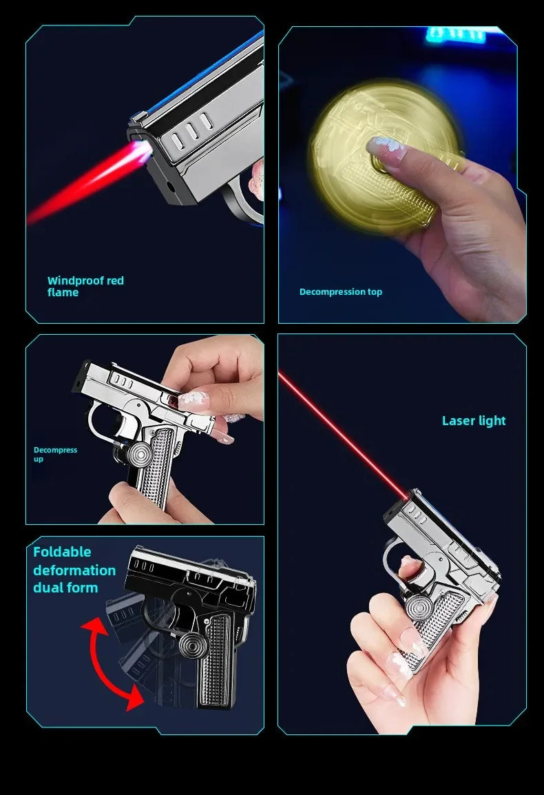Multi Functional Folding Dual Form Decompression Gyro Gun Shaped Lighter with Creative Deformation and Windproof Red Flame