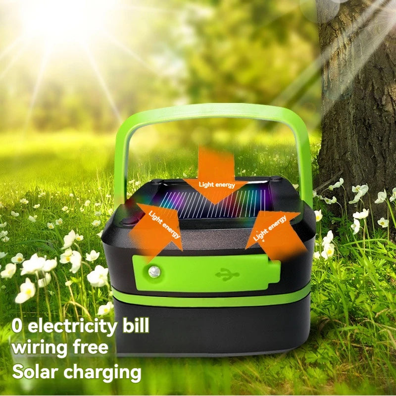 Solar-Powered Camping Light with Emergency Power Bank & Flashlight - 3-in-1 Outdoor LED Lamp for Hiking/Tent Use