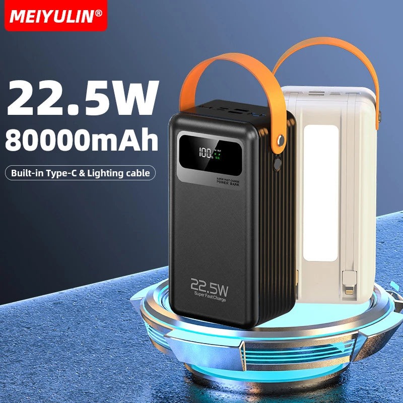 80000mAh Large Capacity Power Bank Portable USB C Cable Fast Charging Mobile External Spare Battery For iPhone 16 Samsung Xiaomi