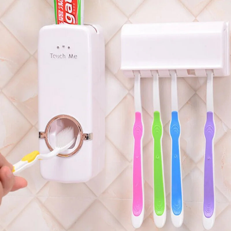 Home Family Automatic Auto Toothpaste Dispenser and 5 Toothbrush Holder Set Wall Mount Stand Toothpaste Squeezer
