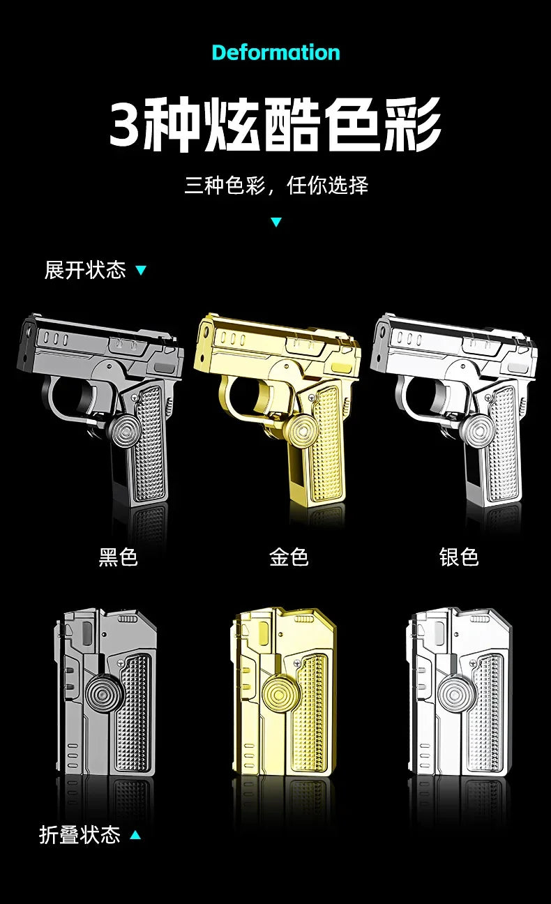 Multi Functional Folding Dual Form Decompression Gyro Gun Shaped Lighter with Creative Deformation and Windproof Red Flame