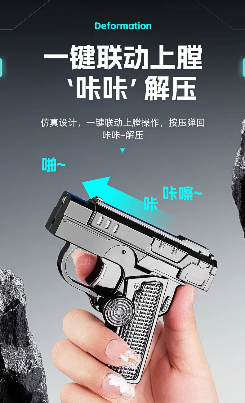 Multi Functional Folding Dual Form Decompression Gyro Gun Shaped Lighter with Creative Deformation and Windproof Red Flame