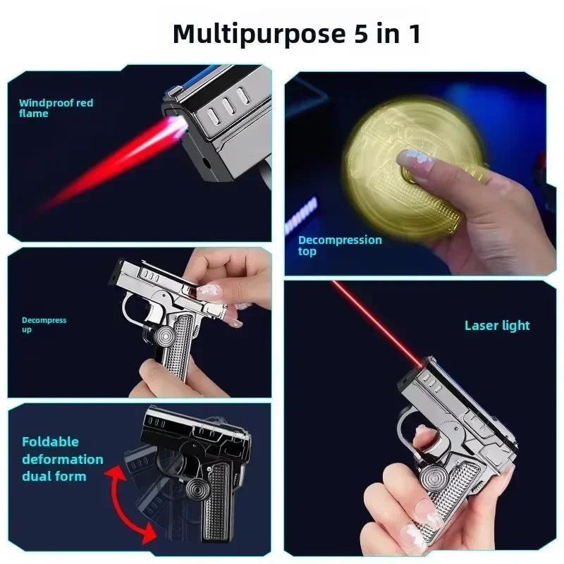 Multi Functional Folding Dual Form Decompression Gyro Gun Shaped Lighter with Creative Deformation and Windproof Red Flame