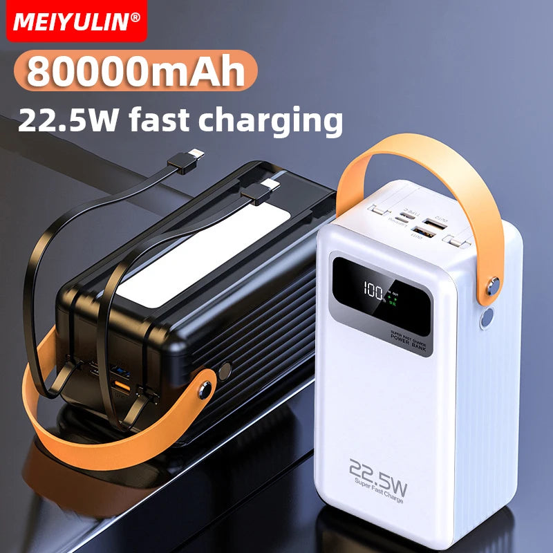 80000mAh Large Capacity Power Bank Portable USB C Cable Fast Charging Mobile External Spare Battery For iPhone 16 Samsung Xiaomi