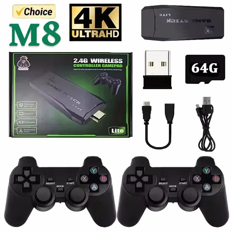 Video Game Sticks M8 Console 2.4G Dual Wireless Controller Game Stick 4K 10000 Games 64GB Retro Game for PS1 Christmas
