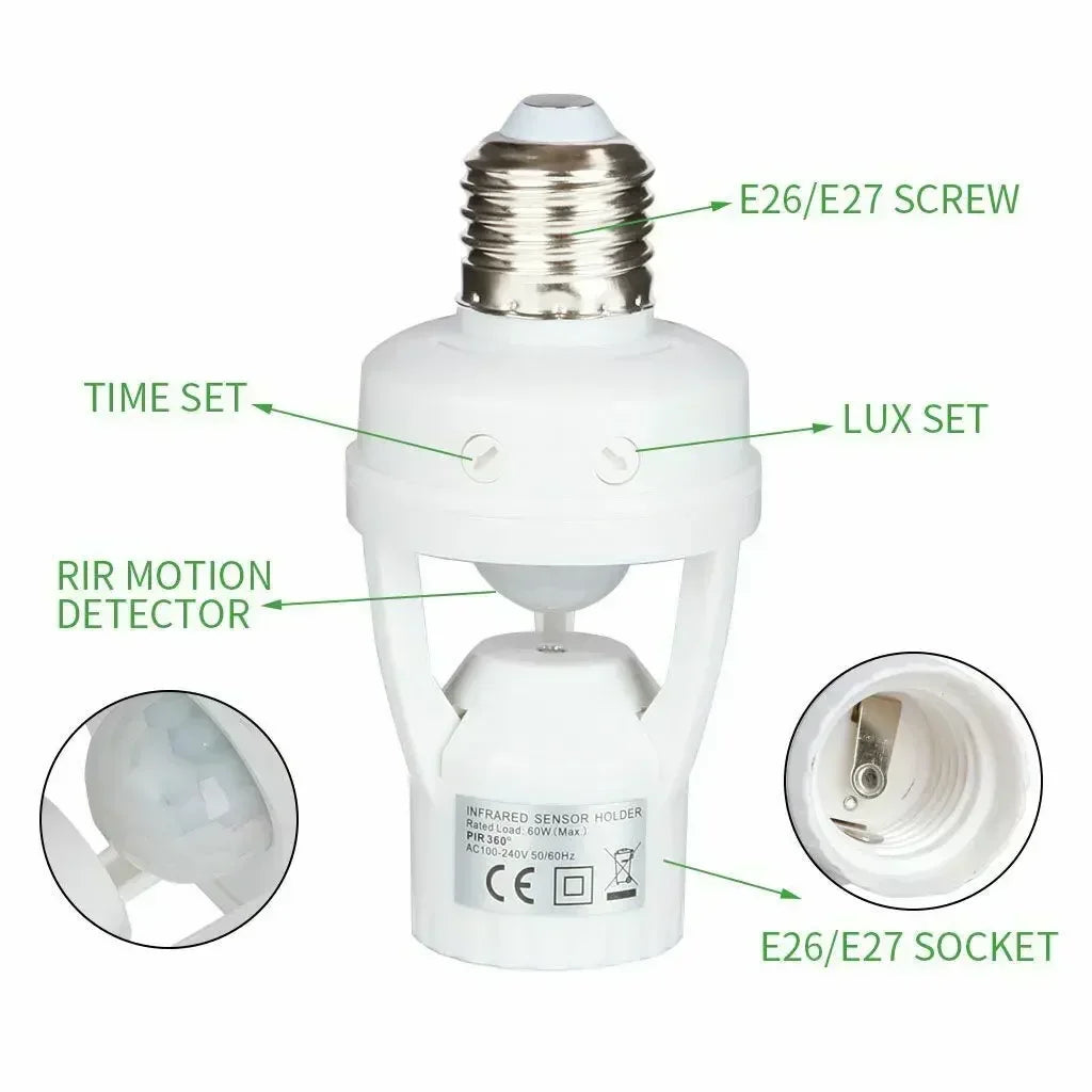 Smart Motion Sensor Light Bulb Holder E27 PIR Induction Sensor Adapter Lamp Base Converter 100~240V Auto ON/OFF Adjustable Delay