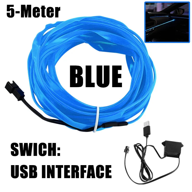 5m Car Interior Ambient Light USB/Cigarette Lighter Flexible Atmosphere Led Light Strip Universal Single-Color Auto Neon Lamp