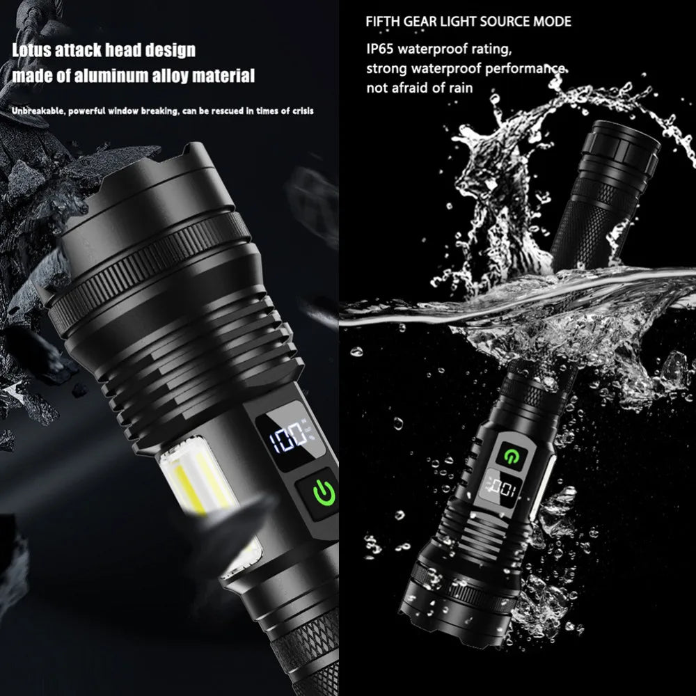 NEW update Spotlight Long Range LED Flashligh with COB Side light USB Rechargeable Tactical Torch Outdoor Lantern Lamp