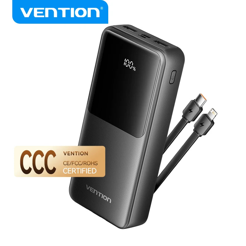 Vention 3C Certified 20000mAh 22.5w Power Bank Built-in USB-C Lightning Cable Portable Fast Charger Spare Battery CCC Powerbank