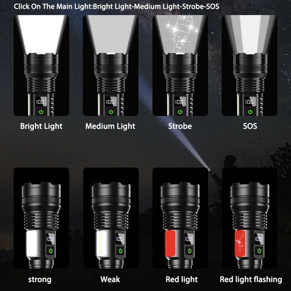 NEW update Spotlight Long Range LED Flashligh with COB Side light USB Rechargeable Tactical Torch Outdoor Lantern Lamp